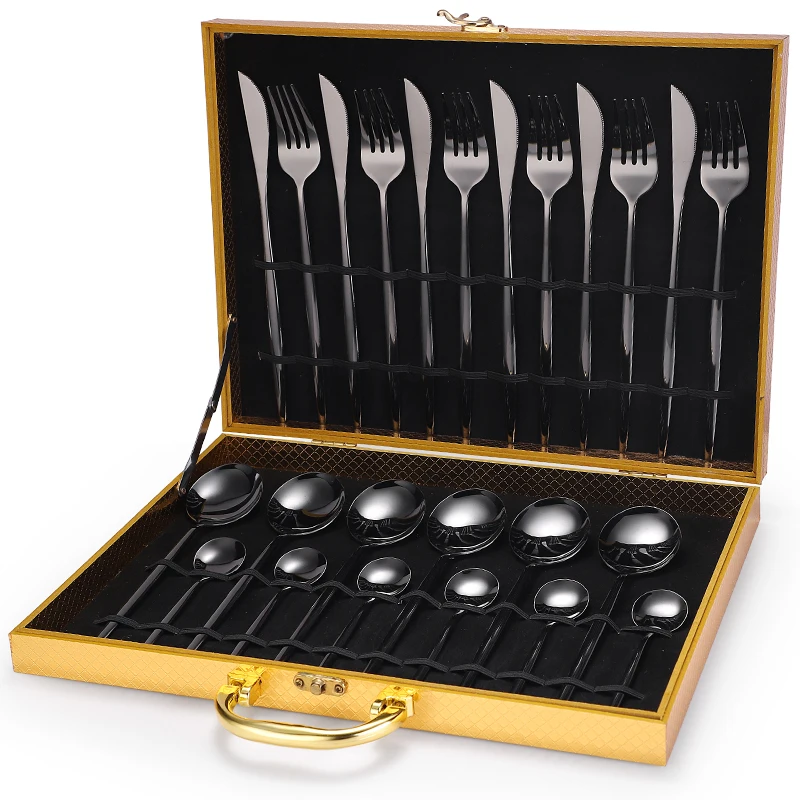 

Party Dinnerware Wedding Flatware Set Stainless Steel High Quality 24/48pcs Cutlery Set With Wooden Box, Silver/gold/rose gold/rainbow/black