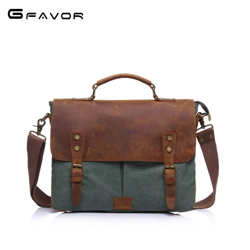 

Retro briefcase satchel men tote shoulder laptop bags leather handle vintage messenger canvas bag with leather trim, Grey, coffee