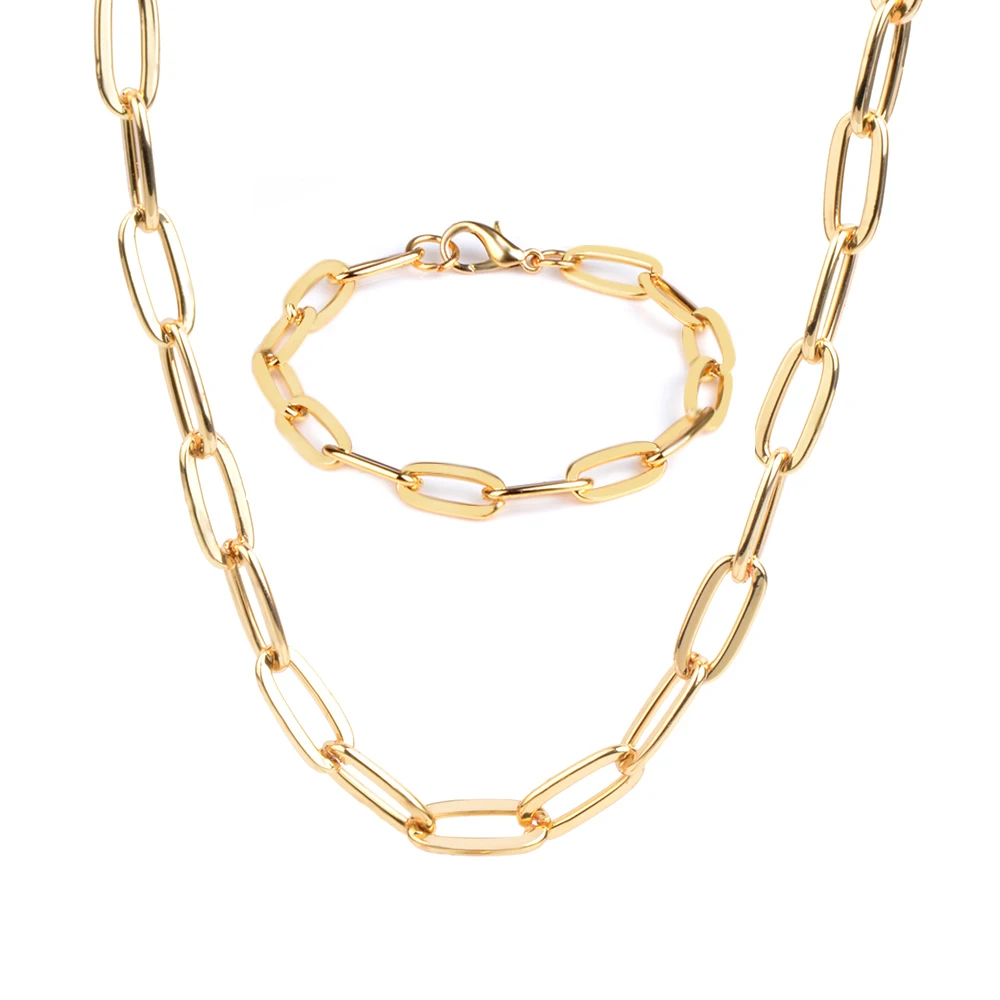 

High Quality Gold Plated Big Cuban link Necklace Bracelet Chain Jewelry Set, Gold color
