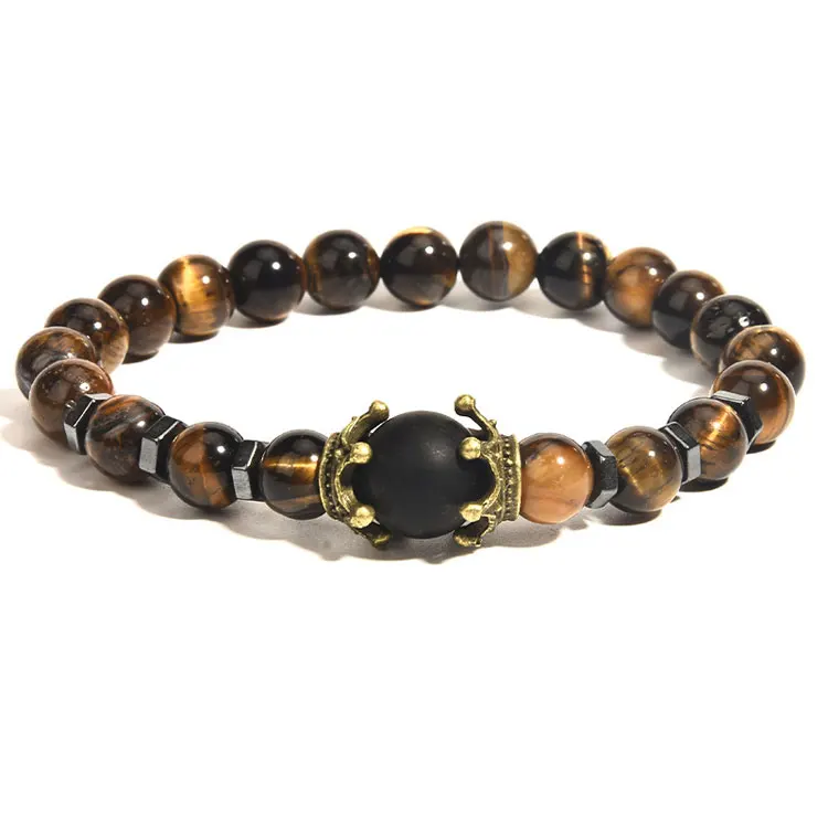 

Men's Luxury Crown Charm Beaded Bracelet Adjustable Anxiety Stress Relief Tiger Eye Hematite Obsidian Triple Protection Bracelet, Black, white, gold, silver, blue