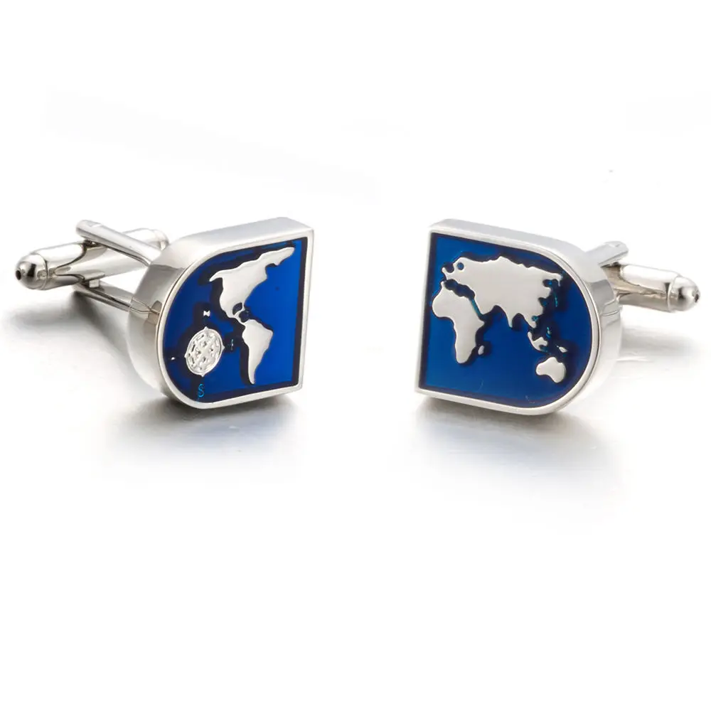 

High Quality Environmental Protection Enamelled World Map Metal Copper Alloy Mens Button wholesale Cufflinks For Men, Silver
