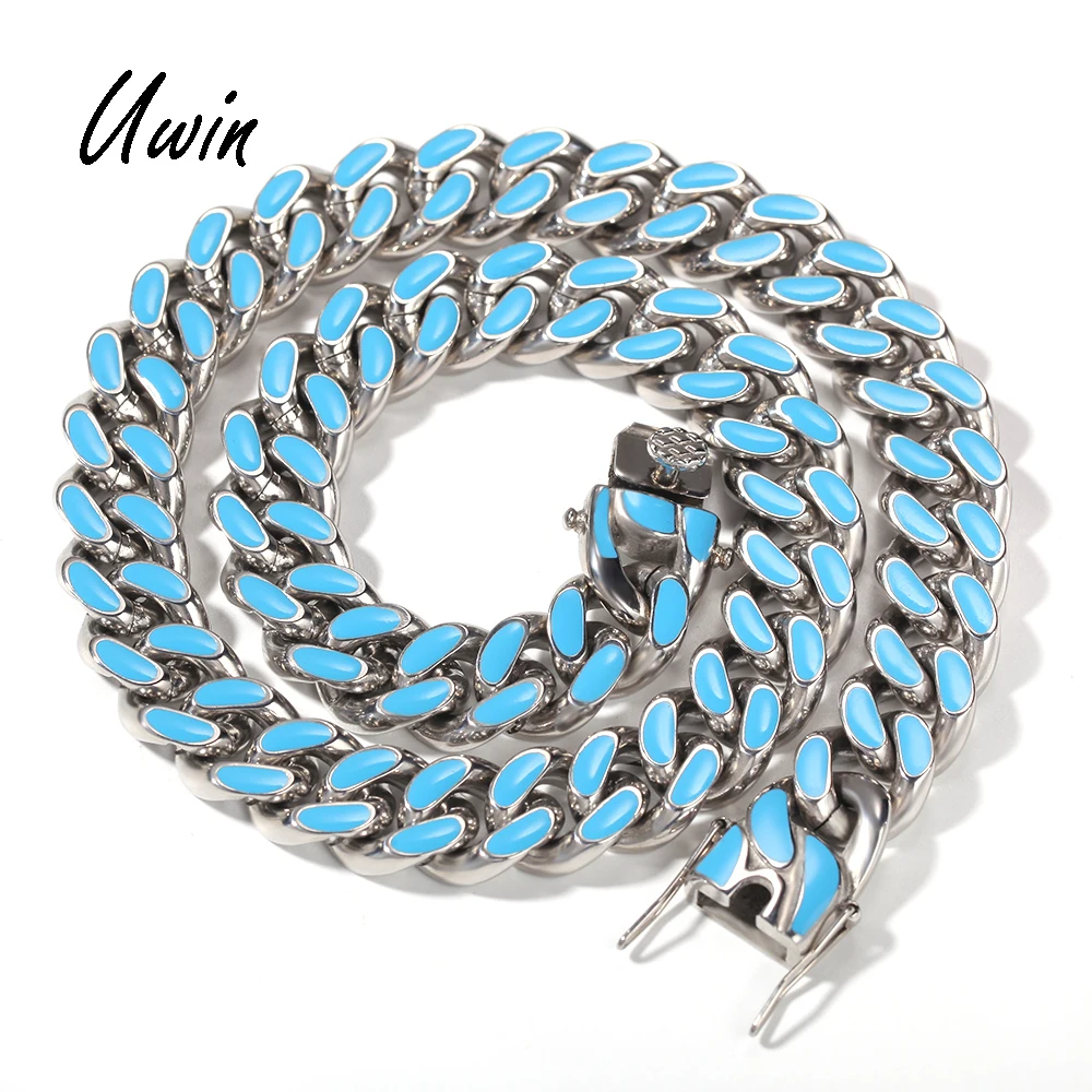 

12mm Blue Green Cuban Link Miami Chain Stainless Steel Chain Men Women Cuban Necklace Bling Rapper Jewelry, Blue, customize color