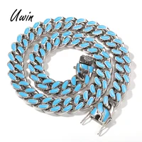 

12mm Blue Green Cuban Link Miami Chain Stainless Steel Chain Men Women Cuban Necklace Bling Rapper Jewelry