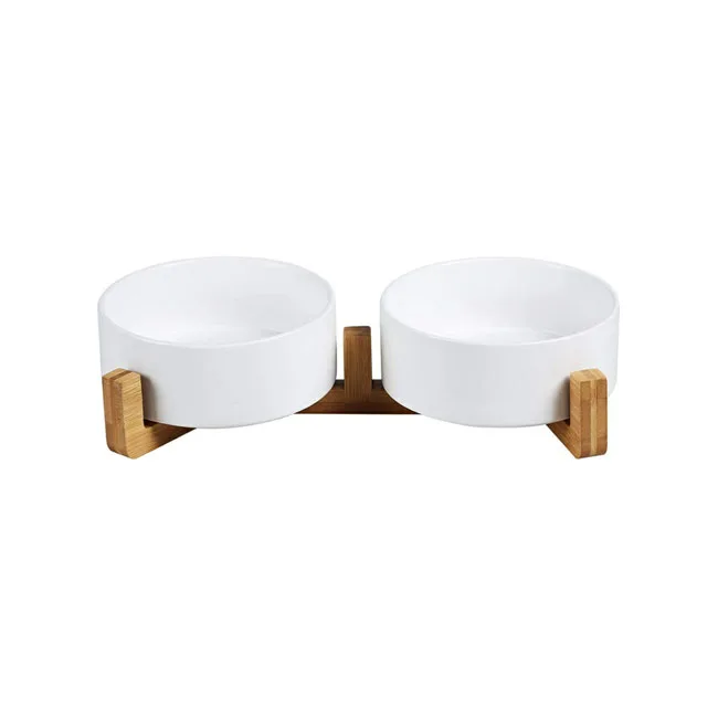 

Ceramic Dog Bowl Set Cat Dog Bowls With Non Slip Wood Stand No Spill 2 Cup Double Pet Dish for Food Water Feeding