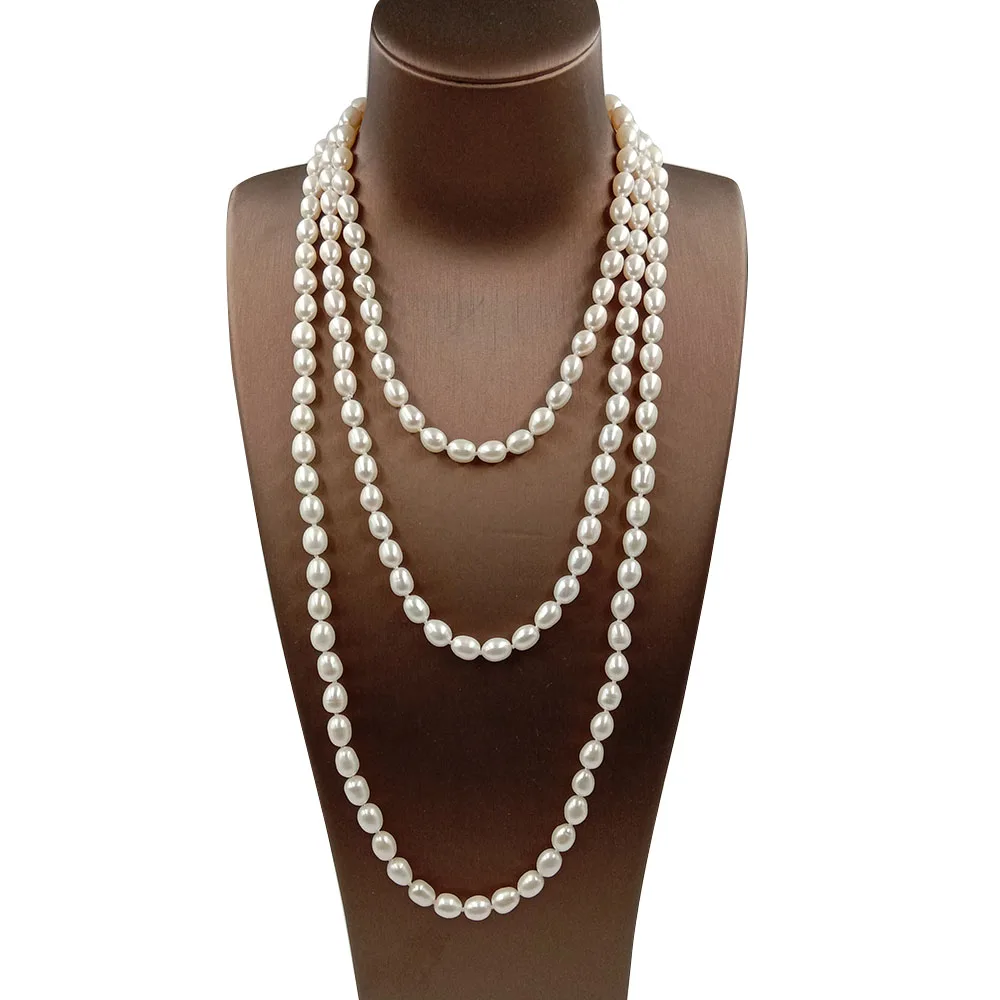 

160 CM LONG PEARL NECKLACE 100% NATURAL FRESHWATER PEARL 7-8 mm rice pearl shapeknotted beads