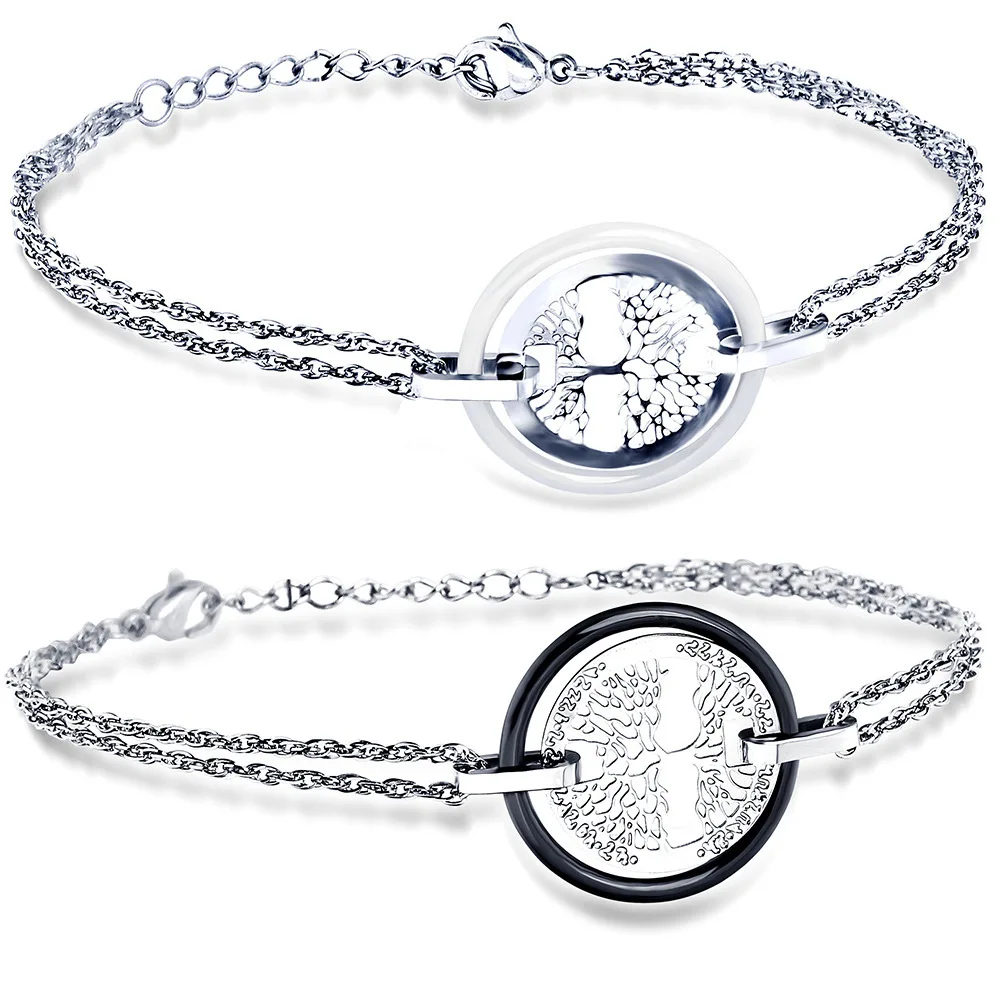 

Fashion Statement Stainless Steel Ceramic Flower Heart Tree of Life Silver Chain Bracelet for Men Women Jewelry