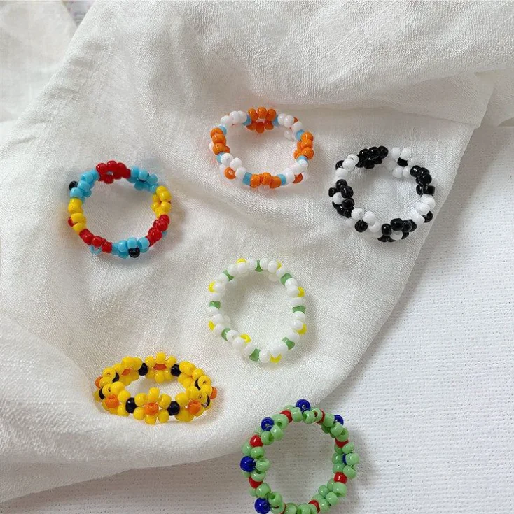 

Dvacaman Trendy Korean Ring Jewelry Cute Colorful Handmade Beaded Rings Stretchy Adjustable Flower Resin Ring For Women Summer