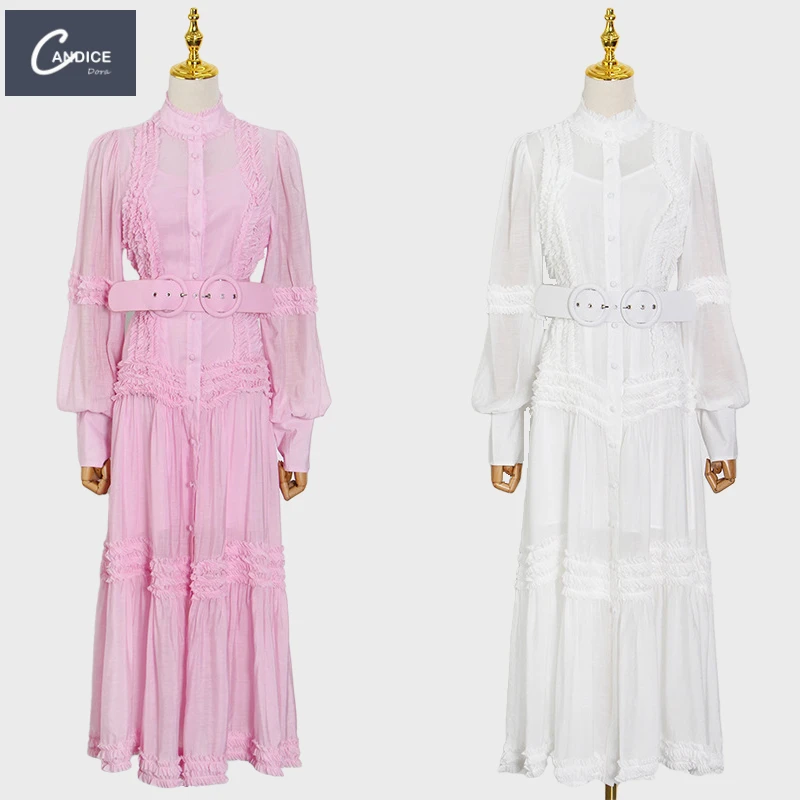 

Candice designer white elegant casual stand collar belted cascading swing linen modern long australian niche dress long sleeve