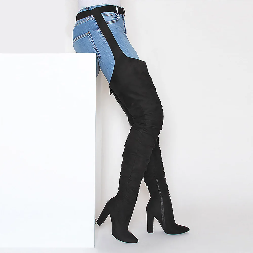 

2021 New Arrivals Ladies Boots Over The Knee Side Zipper Belt Buckle Belt Suede Thick Heel Fashion Pants Boots