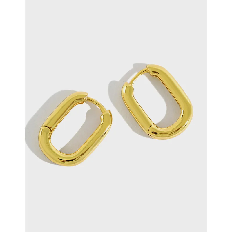 Geometric Rectangular 18K Gold Plated Oval Shape Earrings S925 Sterling Silver Square Hoop Earring