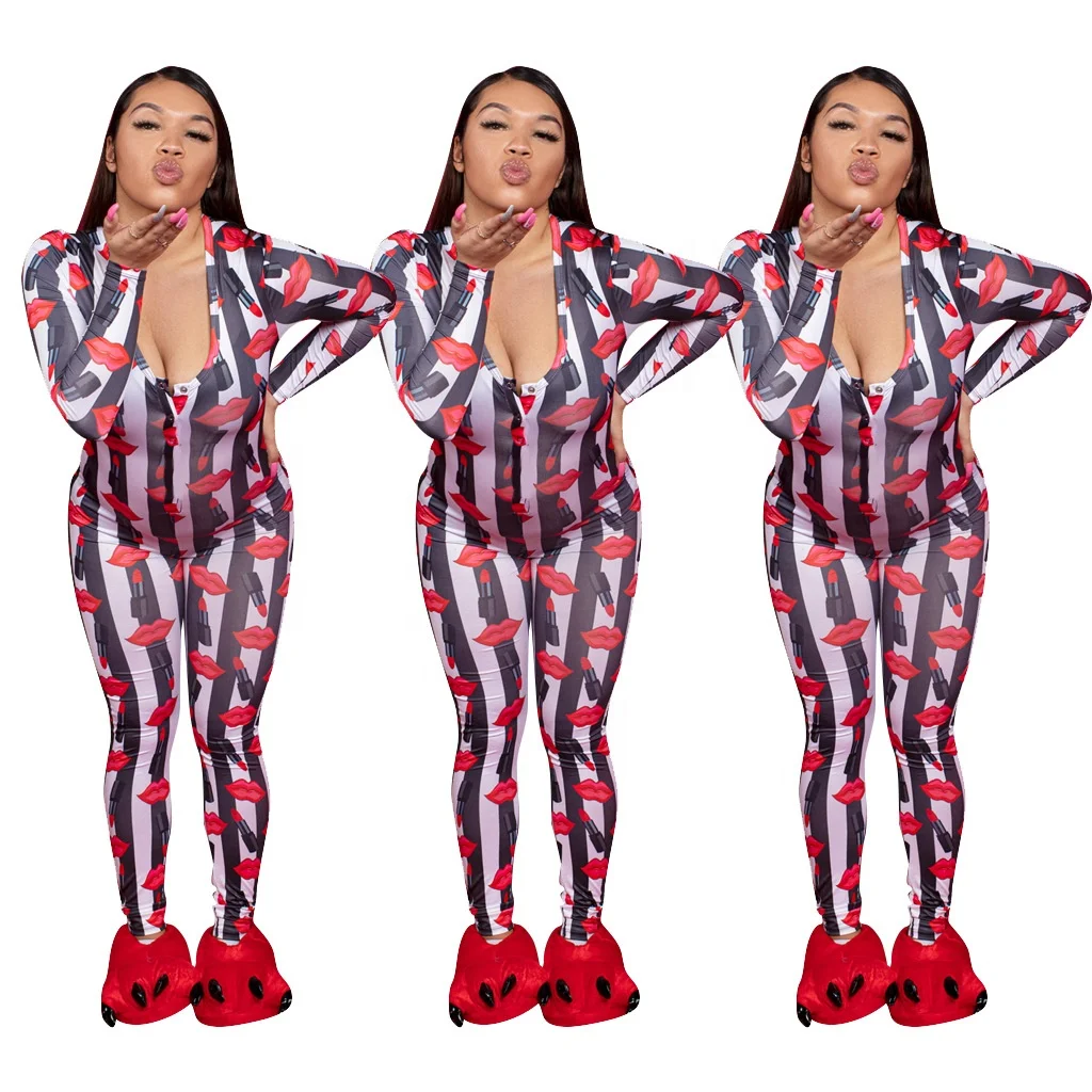 

2021 NEW Design Sexy Floral Print Bodycon Rompers V-neck Long Sleeve Jumpsuits Onesie Pajama for Women