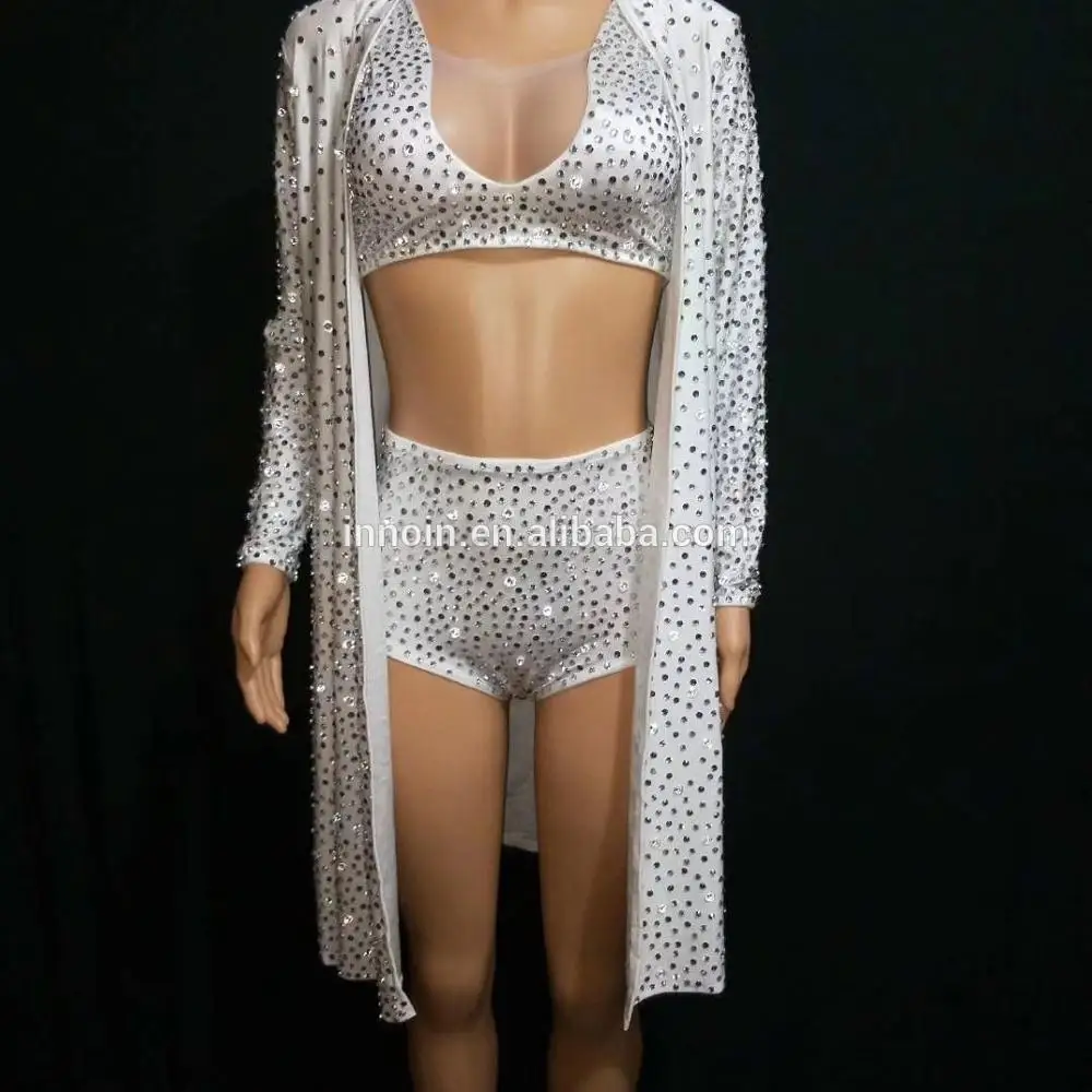 

White Female Stage Costume Full Rhinestones Cloak DJ Wears Party Dress Crystal Bra Short 3 Pieces Outfit Woman Clothes Club For