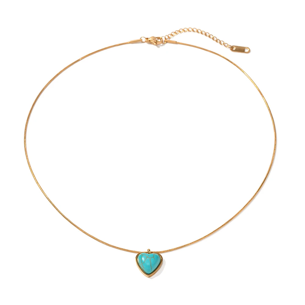 

18K Gold Planted Turquoise Stone Necklace 18K Gold Plated Heart Shaped Pendant Statement Necklace