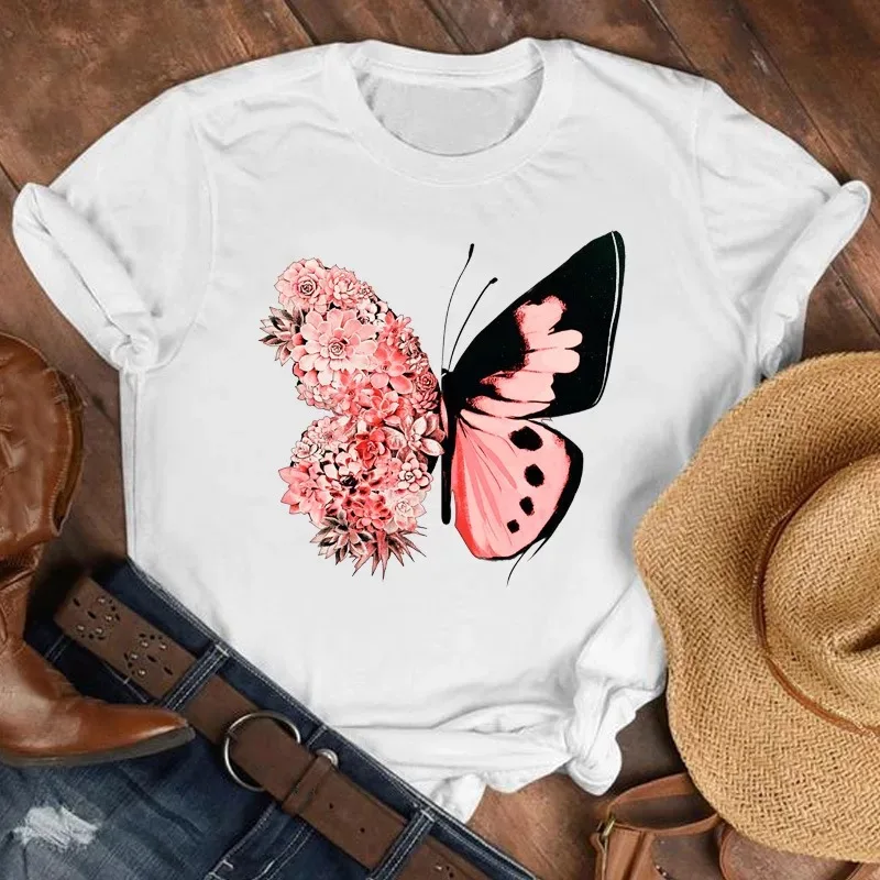 

Women Lady Cartoon Butterfly Floral Graphic T-shirts