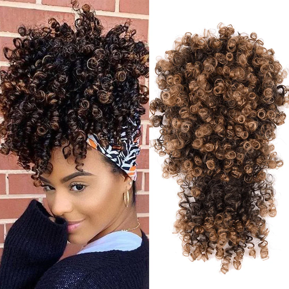 

High Afro Puff Hair Pieces For Women Short Kinky Curly Chignon With Bangs Drawstring Ponytail Synthetic Hair Bun Extensions