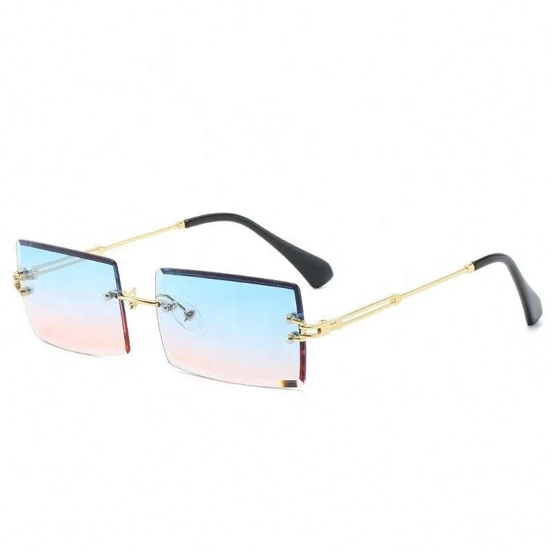 

Rimless Small Sunglasses Sun Glasses, Gold Gray Shades Cutting Lens Ladies Frameless Metal Eyeglasses, As pic shows