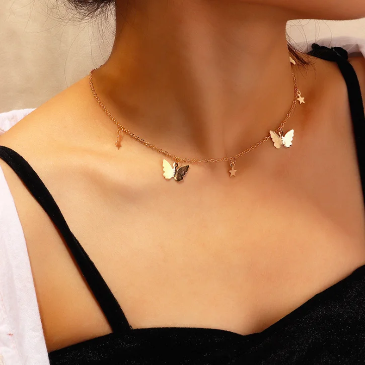 

jialin jewelry hip hop women star real gold plated choker bling bling butterfly adjustable chain necklace
