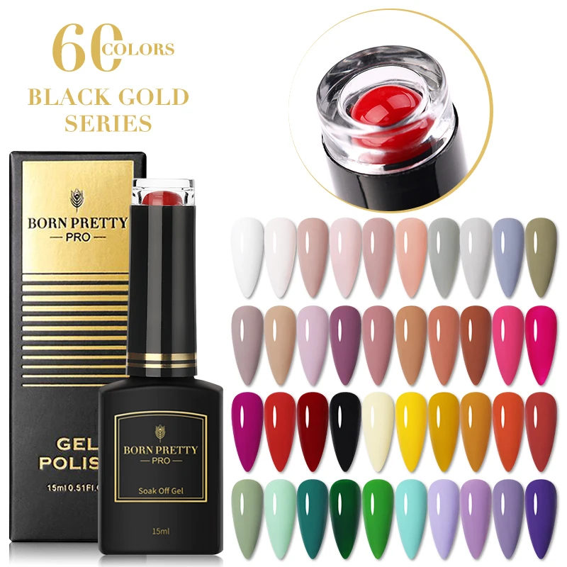 

BORN PRETTY Pro 2021 15ml Black Gold Series 60 Colors Nail Gel Colorful Soak Off Manicuring UV Gel Polish, 60 colors for choose
