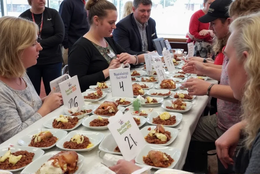 Chili cookoff judging table with numbered entries and judges evaluating samples