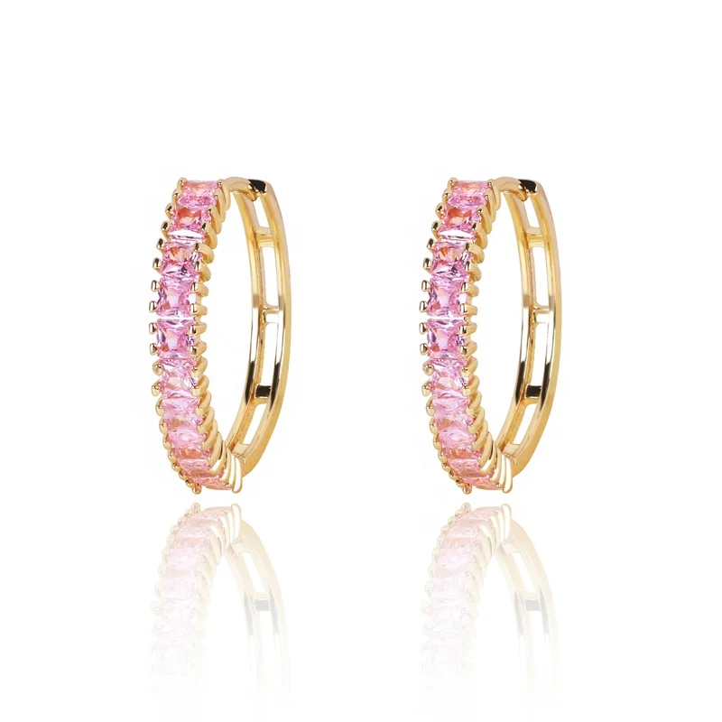

Hot sale 18k gold plated CC earrings pink diamond CZ huggie hoop earrings for women