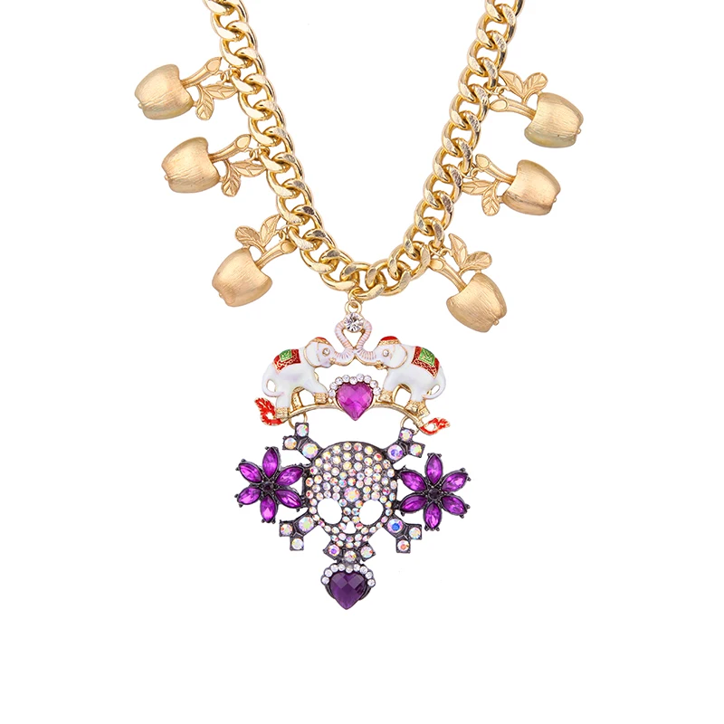

xl00557 Delicate Purple Crystal Rhinestone Flowers Heart Skull Elephant Gold Plated Apple Dangle Jewelry Women Charm Necklace