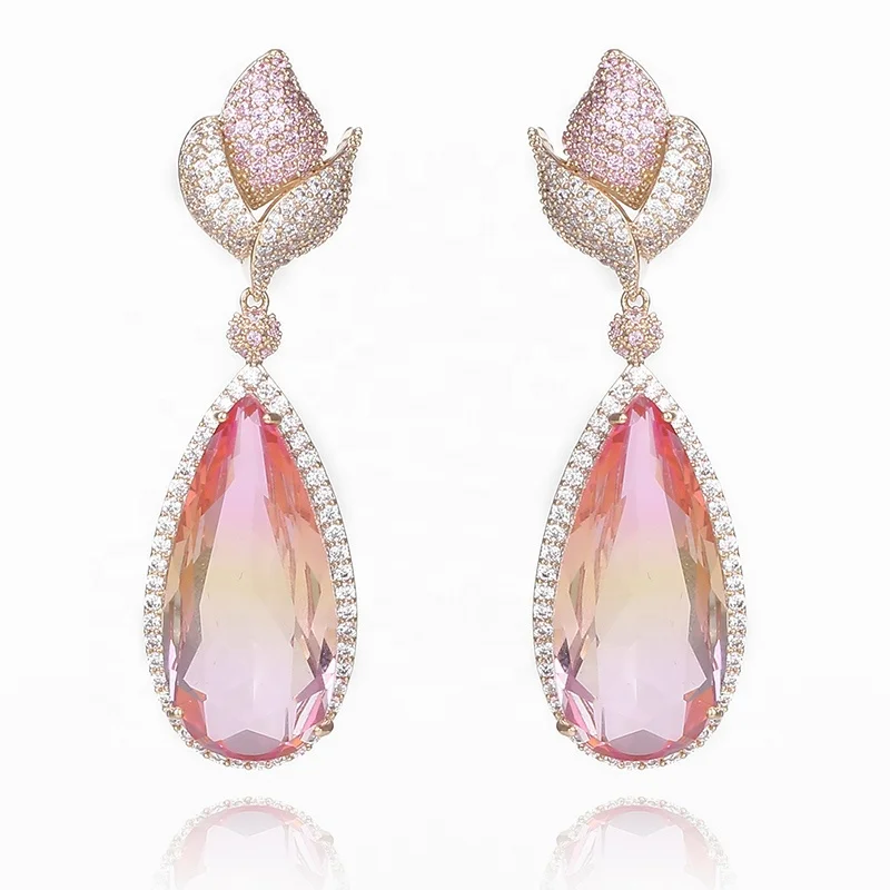 

Imitation Tourmaline Earrings European Big Pink Water drop Earrings For Women Fine Wedding Fashion Zircon Jewelry