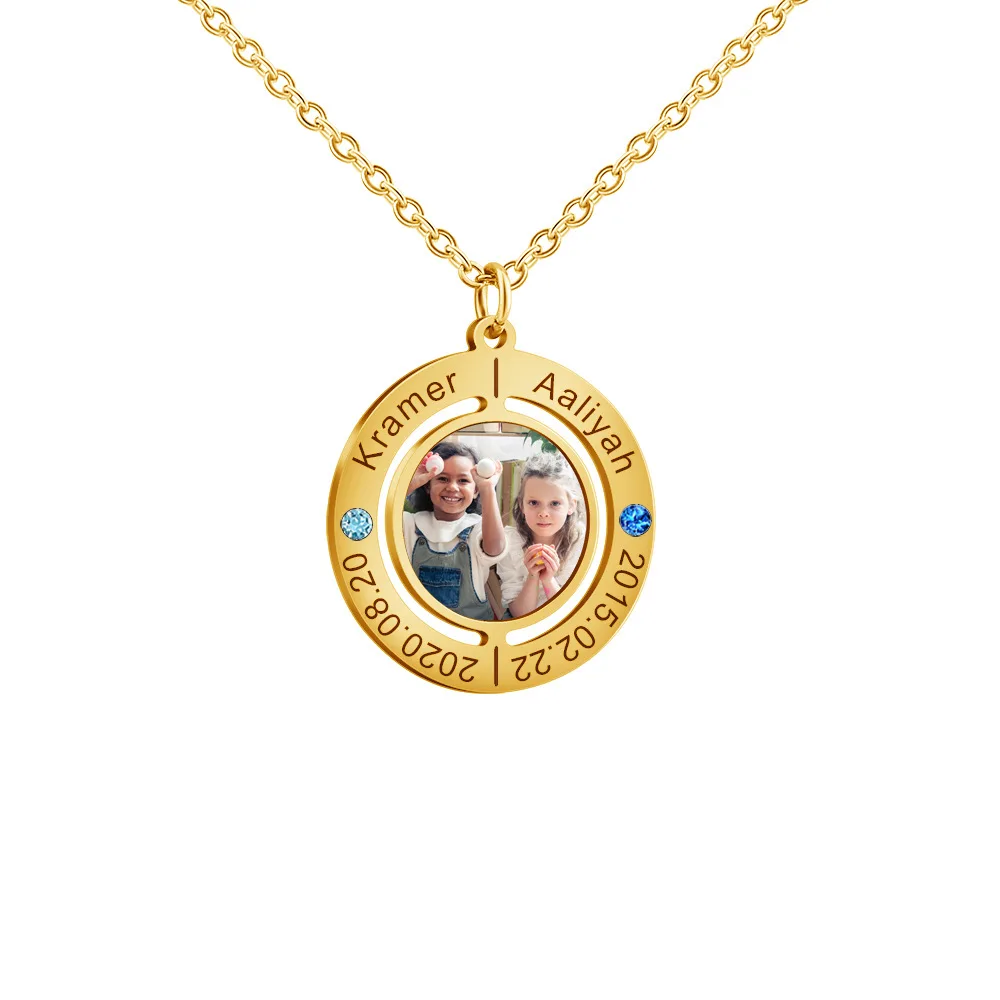 

Personalised Dainty Round Engraved With Zircon Customized Photo Names Stainless Steel Necklaces