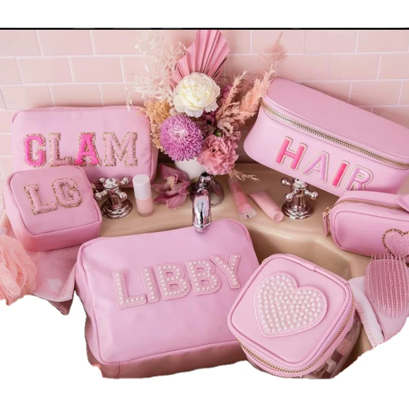 

New Products Low MOQ Fashion Cute DIY Waterproof Nylon Cosmetics Packaging Bag Custom Toiletry Bag Wallets, Baby pink, dark pink, ice blue,lake blue.ect,