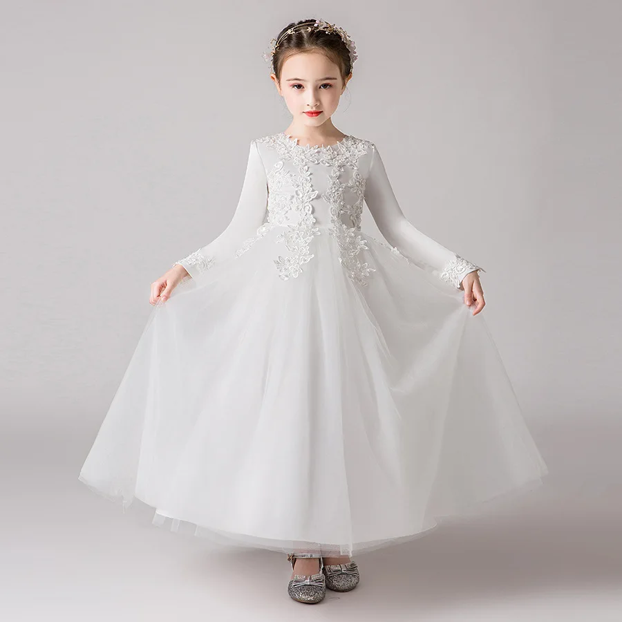 

MQATZ Hot selling White Kid girl flower wedding party dress autumn Long Sleeves birthday ball gown LP-682