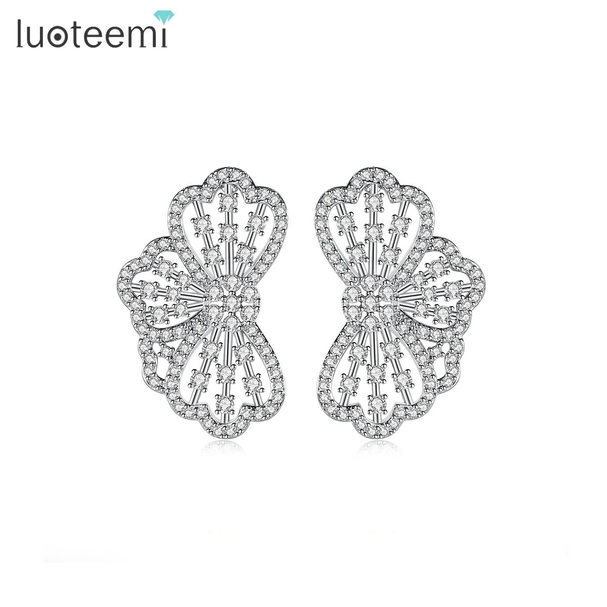 

LUOTEEMI Fancy Big Elegant Large Rattan Gold Brass Cz Drop Stud Luxury Cubic Zircon Woman Flower Earring