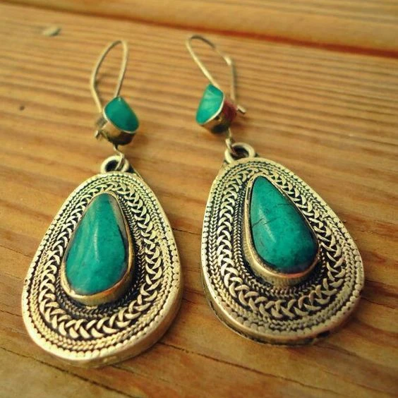

European Hot Sale Ethnic Luxury Jewelry Turquoise Hook Drop Dangle Earrings Silver Plated Waterdrop Earring For Women, Green