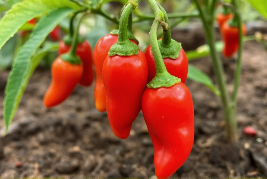 Close-up photograph of red Trinidad Scorpion peppers growing on plant with soil background