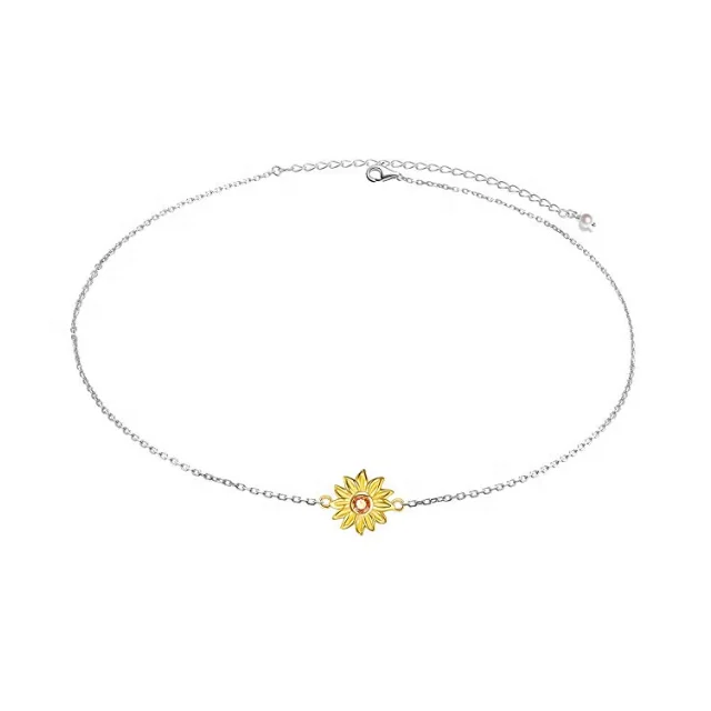 

You Are My Sunshine Sunflower Silver Gold Plated Stainless Steel Flower Pendant Crystal Choker Necklace