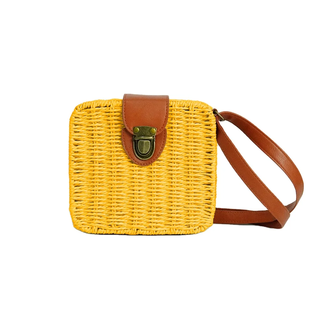 

Candy Color Square Straw Woven Satchel Messenger Women Rattan Beach Crossbody Shoulder Bag, As pic