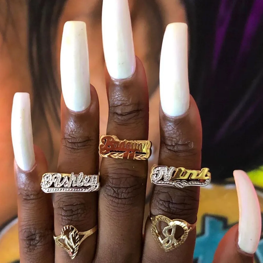 

18k gold plated double finger personalized name rings hip hop rapper men custom ring for women men