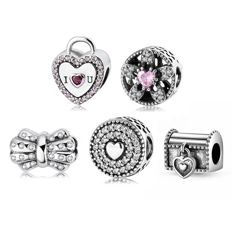 

Real 925 Sterling Silver Beautiful CZ Heart Pink bow Gift box Charms Bracelet Jewelry making Valentine's Day Gift Dropshipping
