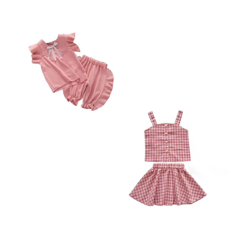

Fashion wholesale colorful cartoon pattern solid color plaid two pieces kids children girls clothing sets
