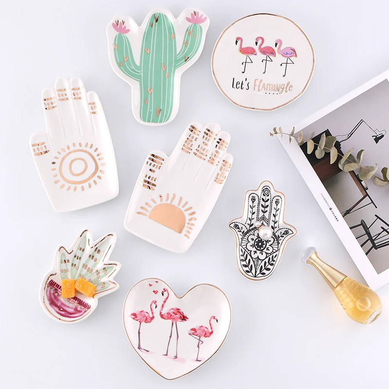 

Small Hamsa Sun Hand Flamingo Cactus Pineapple Crown Ceramic Plate Decorative Jewelry Trinket Dish Necklace Storage Tray