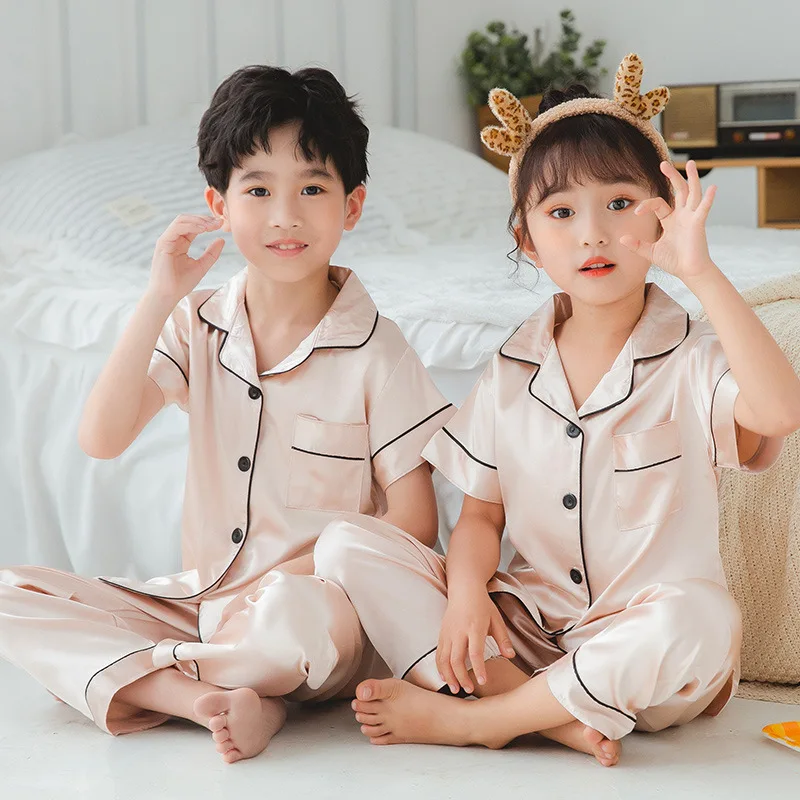 
Factory customized plain girl kids satin silk sleepwear pajamas shorts set sleepwear clothes kids pajama 