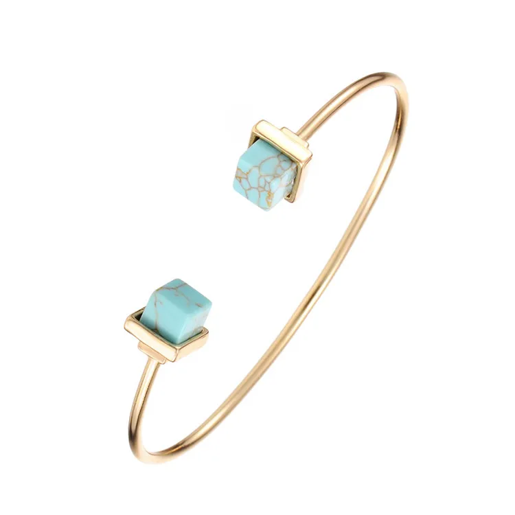 

European Fashion Trendy Square Green Turquoise Cuff Bracelet Bangle Ethnic Open Gold Bangle, As picture