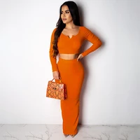 

Solid Color V Neck Cropped Top Long Sleeve Slim Two Piece Skirt Set