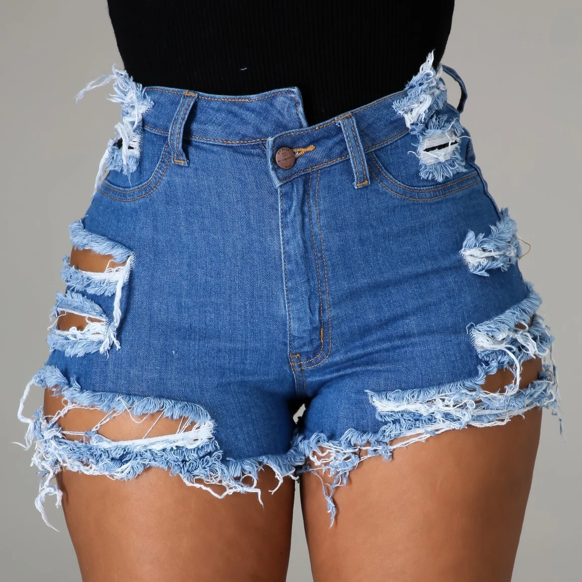 

2022 New Arrivals Brocken Hole Trendy Fashion Summer High Waist Stretch Hole Denim Shorts 2021 Women Sexy Ripped Blue Jeans