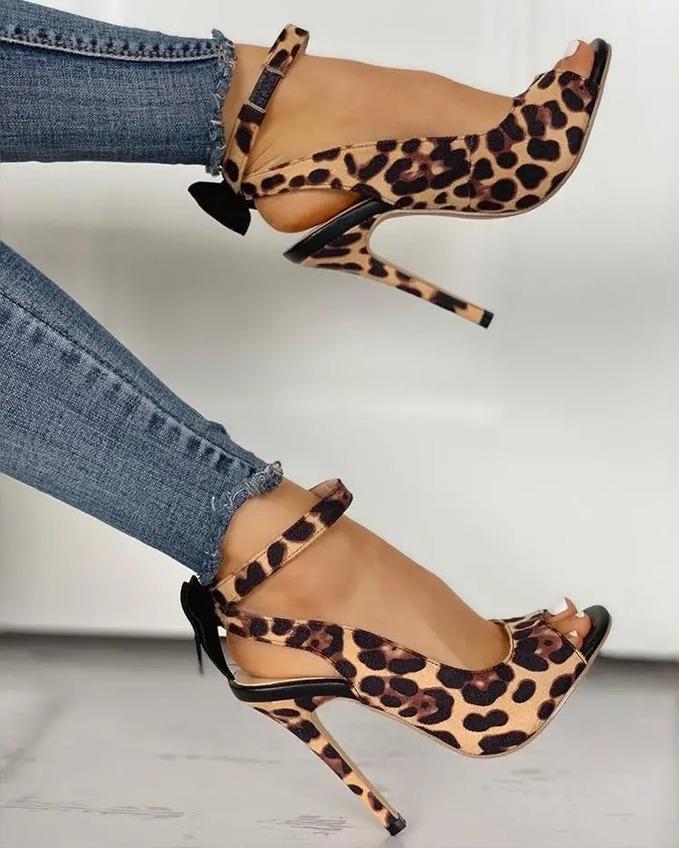 

2021 new fashion hot style stiletto bow leopard print fish mouth party ladies high heels