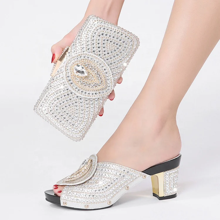 S 43 Large Size Women Ladies Female OEM High Quality Thick Square Heels Peep Toe Gemstone Heeled Sandals Luxury Shoes Bag Set