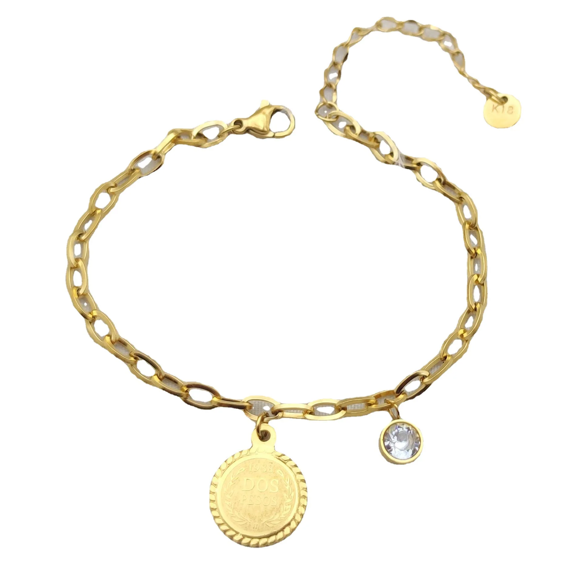 

2021 Korean Version Of Simple Stainless Steel 18k Gold-Plated Chain Round Pendant Bracelet Retro Women's Jewelry