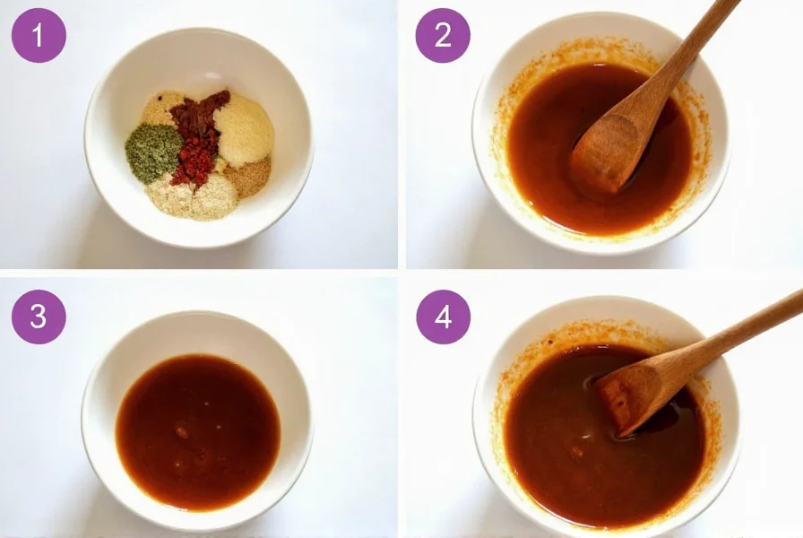 Step-by-step preparation of homemade adobo sauce substitute showing ingredients mixing in small bowl with wooden spoon