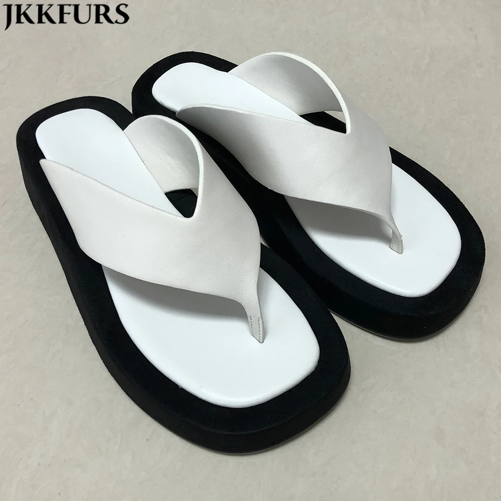 

Fashion Trend Thick Bottom Women Flat Leather Slippers Genuine Leather Latest Flip Flop Slippers