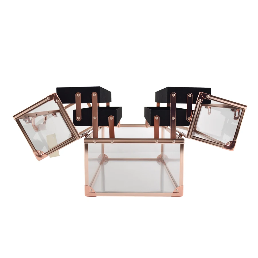 
Factory Hot Sale Double Open Rose Gold Beauty Transparent Box Professional Acrylic Cosmetic Case with 4 tray box 