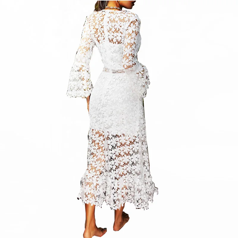

2021 Fall Design Clothing See Through Lace V Neck Solid Color High Waisted Big Swing Dresses Women, 4 colors