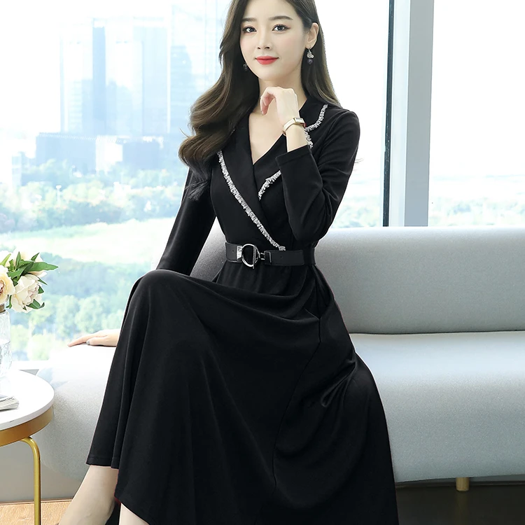 

2021 winter new arrival long sleeve elegant with belt tailored collar office dress for ladies